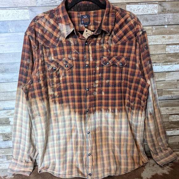 Def Leppard Upcycled Dip Dye Bleach Flannel Shirt - Picture 10 of 15